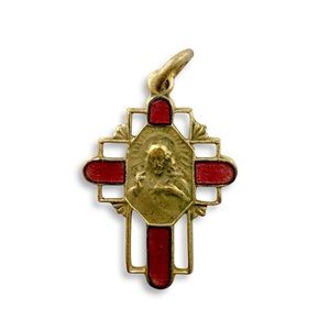 Vintage Sacred Heart of Jesus Cross Brass Plated Red Enamel Medal Charm Pendant